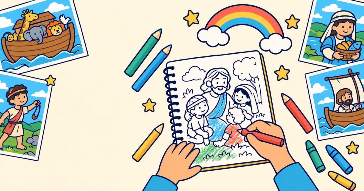 An open coloring book with colored pencils and illustrated story scenes