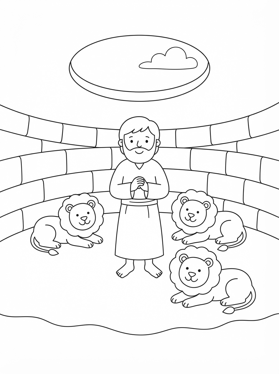 Daniel parmi les lions, dessin à colorier